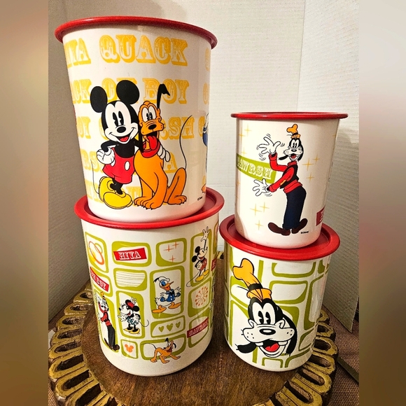 4 Vintage Mickey & Friends Disney Tupperware Canister Set w/ Red Lids - Picture 1 of 16